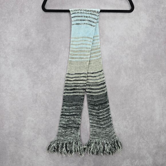 Gray Green Blue Fringe Stripe Tassels Y2K VTG Wrap Shawl Cable Knit Scarf - Picture 2 of 4